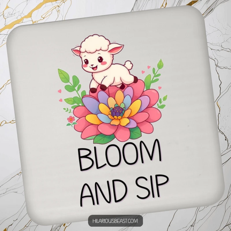 Funny cheerful sheep cub leaping over a flower, set of drink coasters, adding whimsical art to protect surfaces with joy.