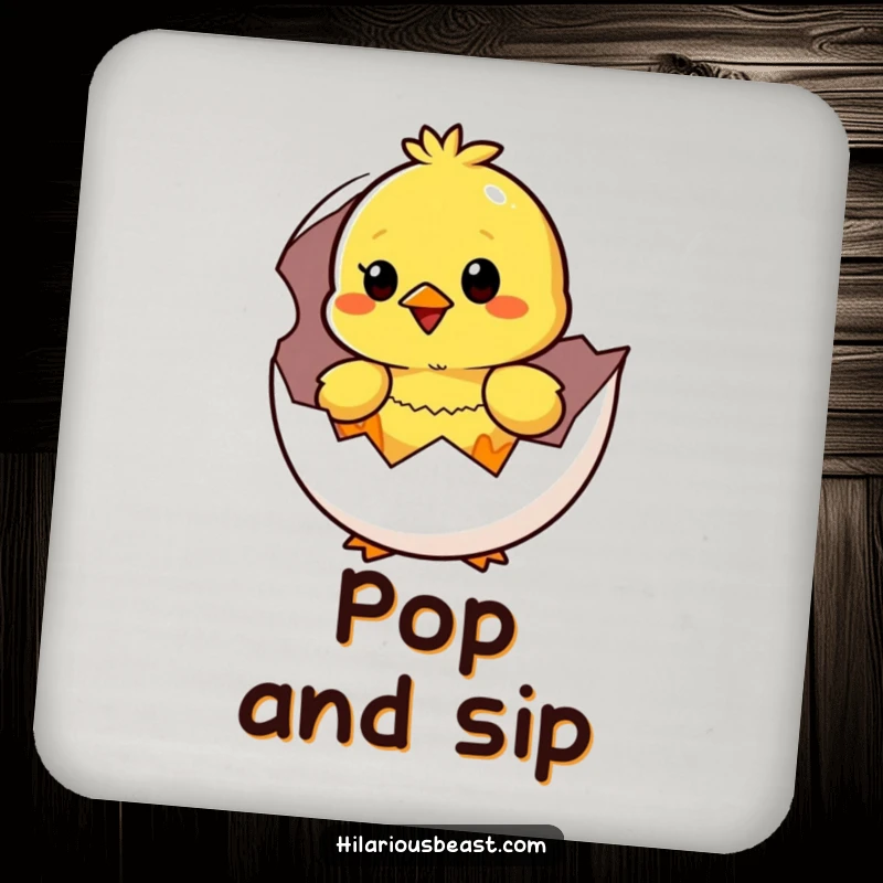 Funny yellow chick hatching from an egg, looking surprised and happy, featured on this protective and humorous coaster.