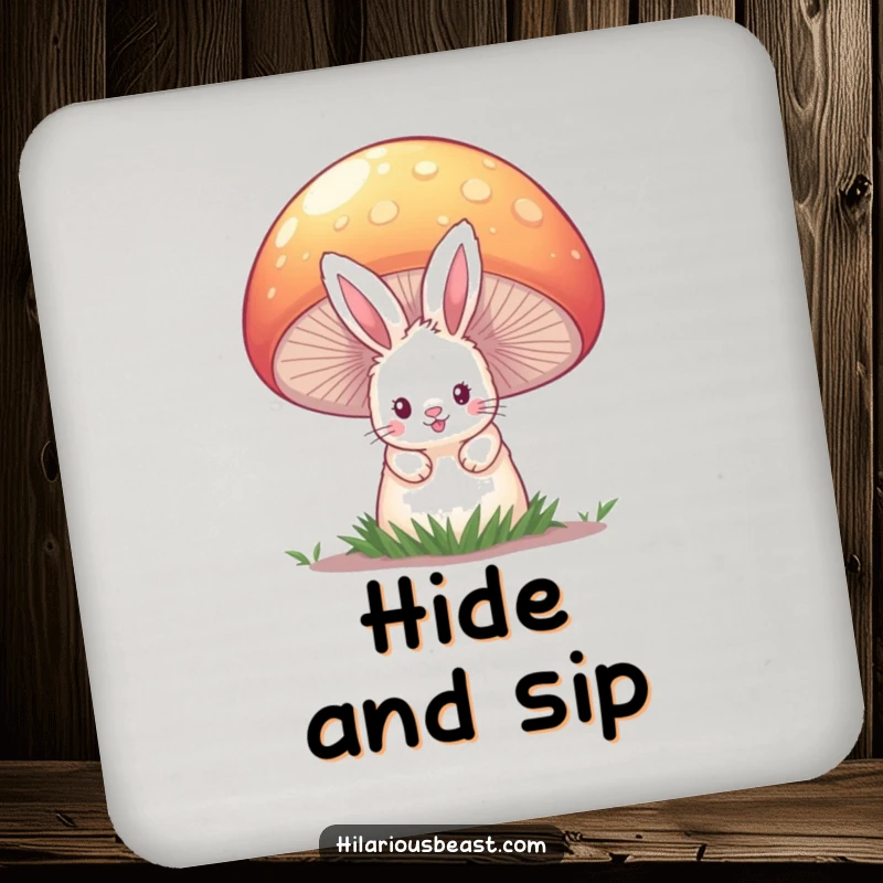 Funny coaster set with a cute bunny peeking from behind a giant, colorful mushroom, protecting surfaces with woodland whimsy and humor.