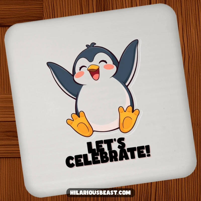 Funny drink coaster featuring a happy penguin flapping its wings with exaggerated excitement, perfect for adding joy to surfaces.