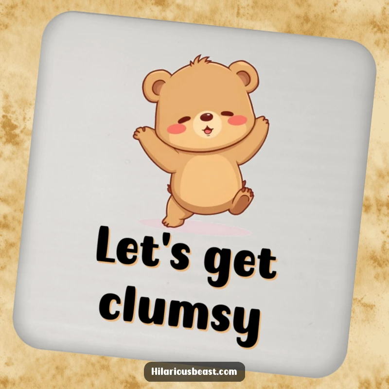 Funny brown bear cub drink coasters, each in a shaky dance pose, offering clumsy and humorous protection for surfaces. A set of funny gifts.
