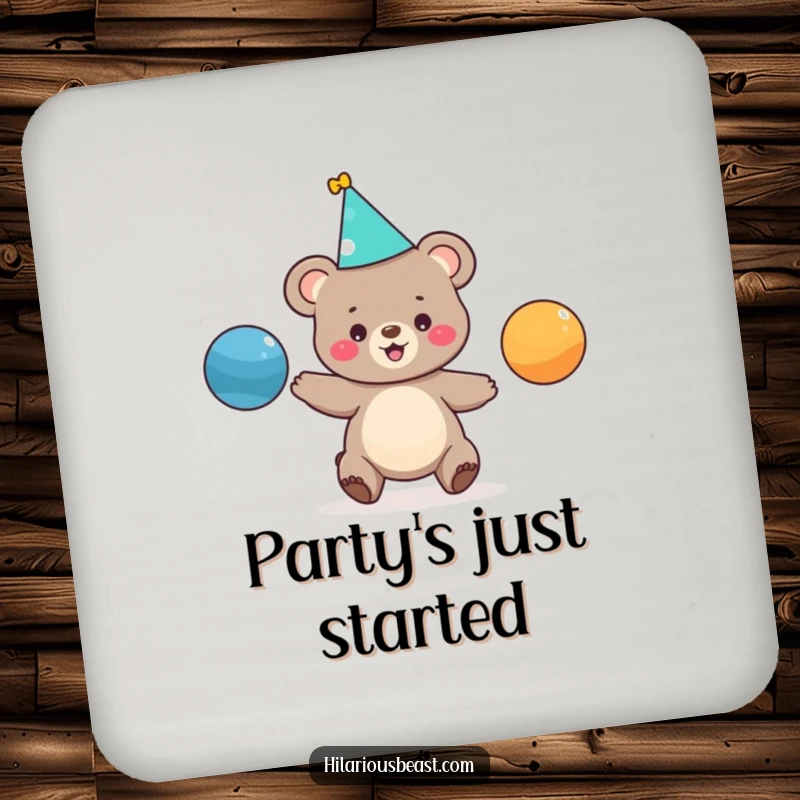 Funny coaster set with a bear cub in a party hat juggling colorful balls, protecting surfaces with a humorous and artistic touch.