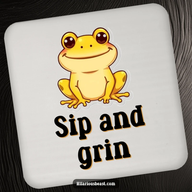 Funny yellow frog drink coasters, each with a wide, goofy grin, offering cheerful protection for surfaces. A set of silly, useful gifts.