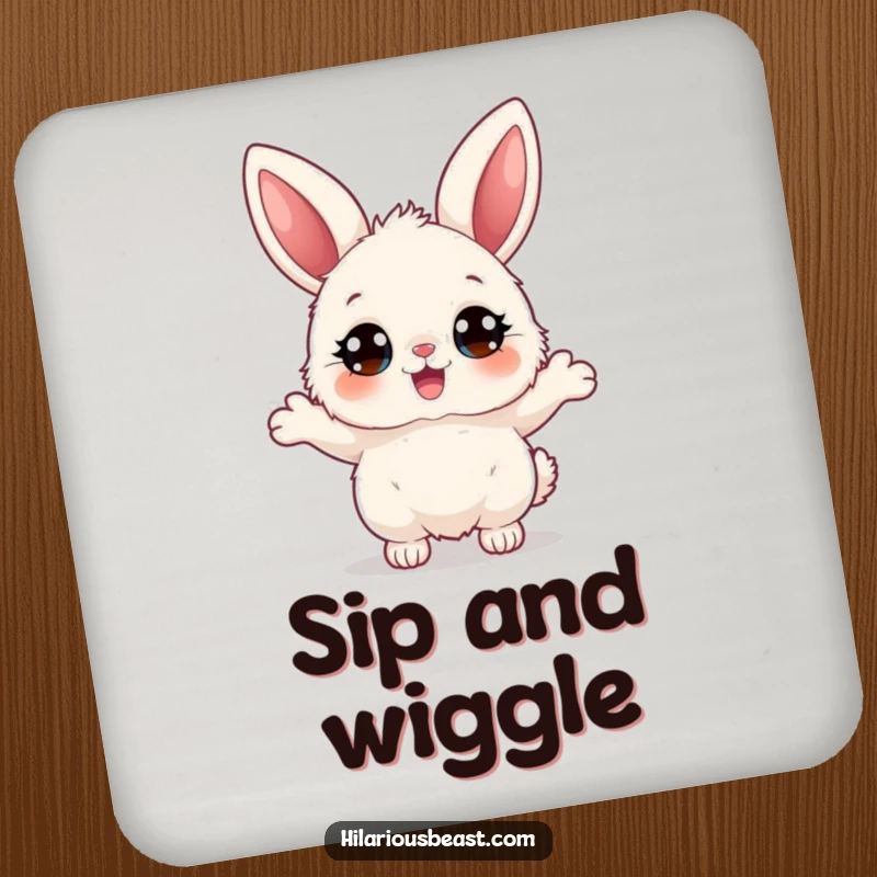 Funny fluffy bunny coasters, four pieces featuring a character with big eyes bouncing joyfully, offering adorable protection for drinks.