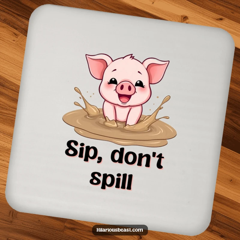Funny Drink Coaster featuring a cheerful piglet gleefully splashing in a mud puddle, adding joy and protecting surfaces.