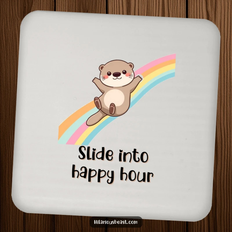Funny otter drink coaster illustrating a cute otter sliding down a rainbow with arms outstretched, protecting surfaces with magical charm.