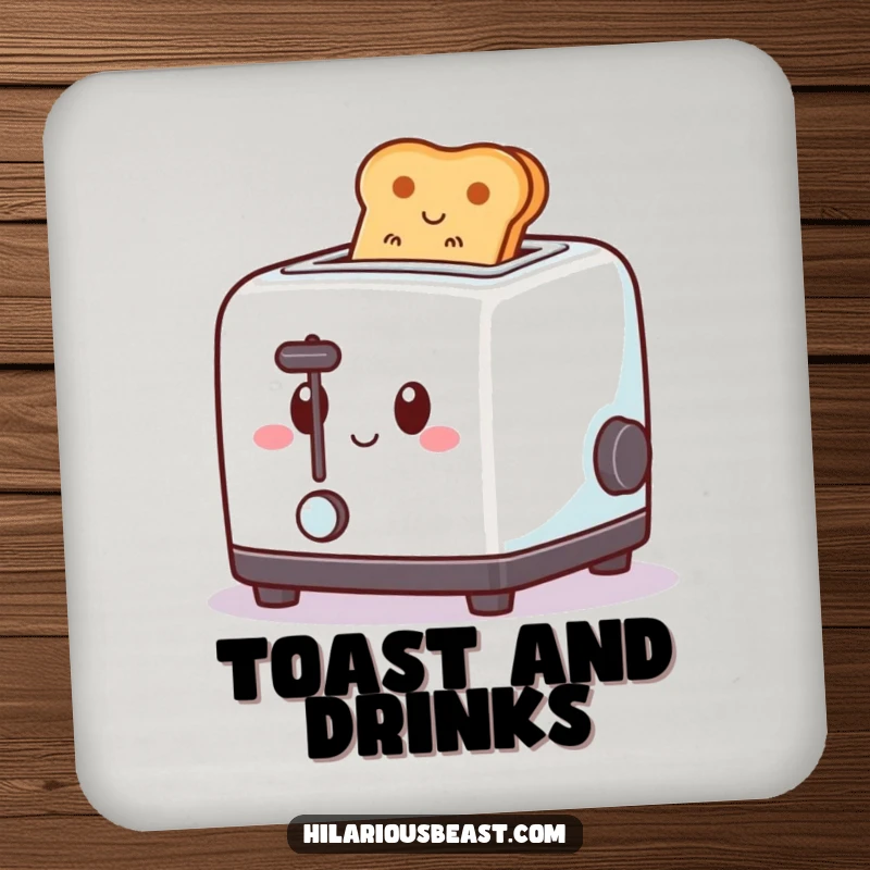 Funny drink coaster depicting a square toaster with a happy expression, popping toast upwards with a spring, offering humorous surface protection.