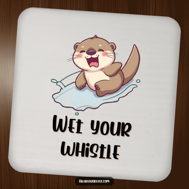 Funny giggling otter sliding down a slippery hill with a splash of water, featured on protective drink coasters, adding playful art.