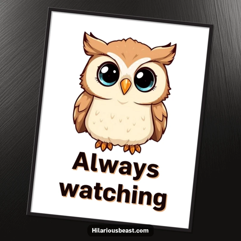 Funny Poster of a curious owl tilting its head, large, sparkling eyes conveying wisdom and a hint of playful inquiry.