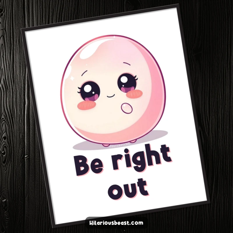 Funny poster of a shy blob with large, sparkly eyes peeking from behind a giant, wiggling jellybean, creating whimsical and humorous wall art.