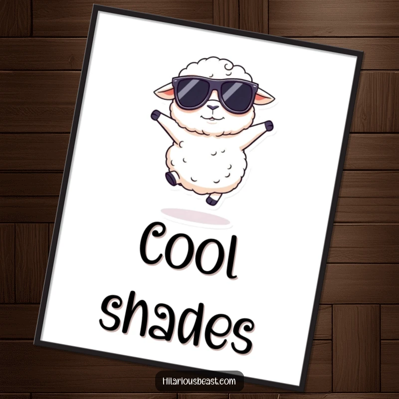 Funny fluffy sheep poster print of a sheep wearing oversized sunglasses, doing a silly hop, capturing a moment of pure, cool amusement.