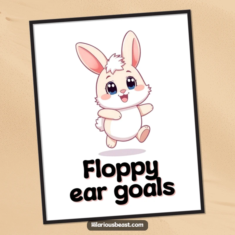 Funny bunny poster print of a fluffy rabbit joyfully hopping with its ears dramatically flopping, radiating pure happiness and energy.