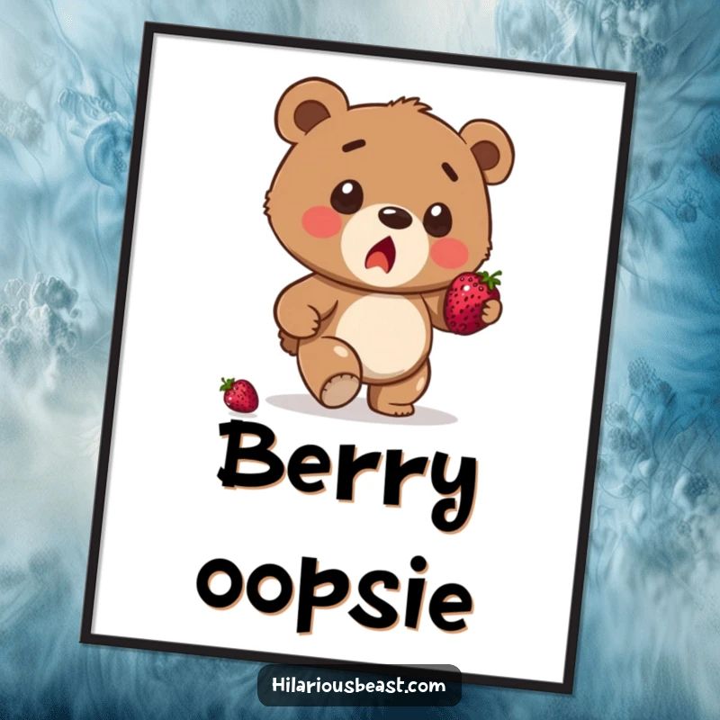 Funny brown bear cub poster, a surprised cub stumbling mid-berry balance, capturing a hilariously awkward and relatable moment.