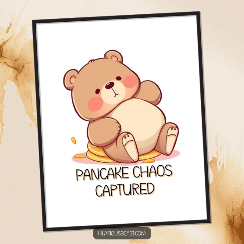 Funny bear poster, a chubby bear tripping playfully with a stack of pancakes comically askew, capturing a moment of delicious chaos.