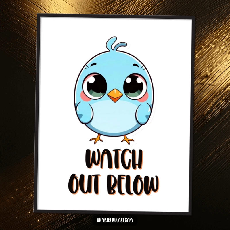 Funny round blue bird poster with comically wide eyes, tripping slightly, adding playful humor to walls.
