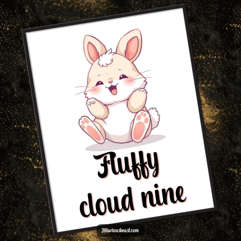 Funny fluffy bunny cub rolling with delight, paws up, art poster, adding a whimsical and cheerful touch to any wall.