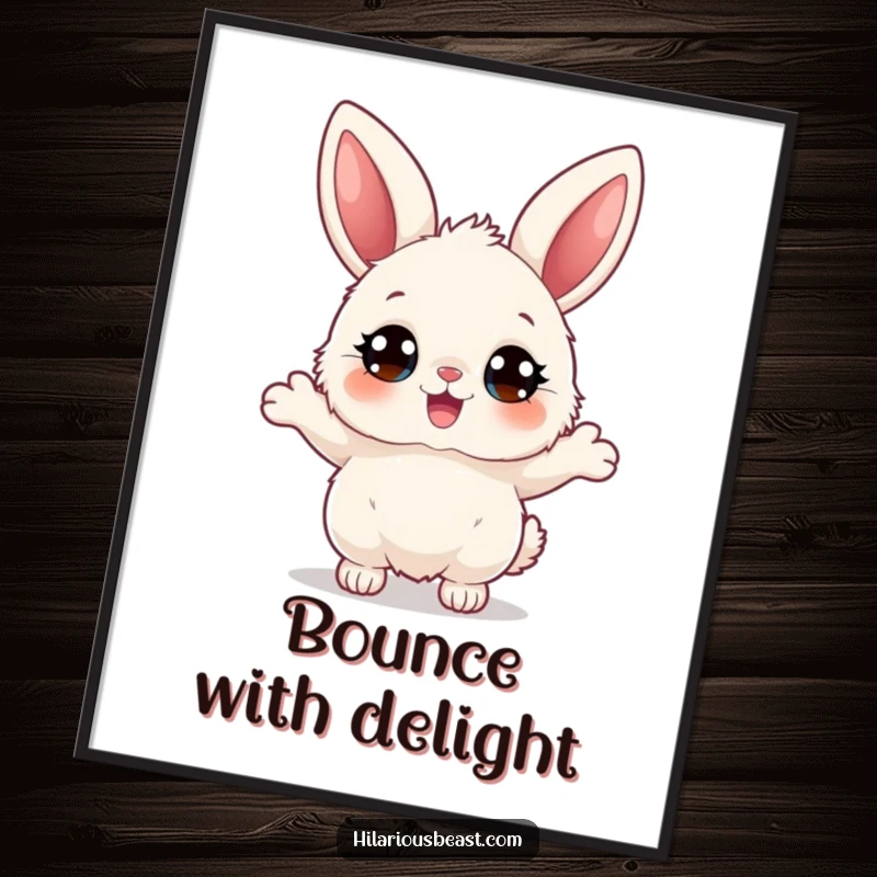 Funny fluffy bunny poster, a character with big eyes bouncing joyfully, depicted in an adorable and whimsical style for charming wall decor.