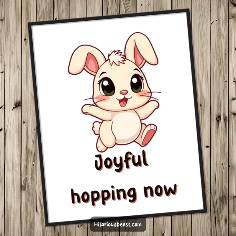 Funny cartoon bunny poster with large eyes, ears flopped forward, hopping with pure joy and delight.