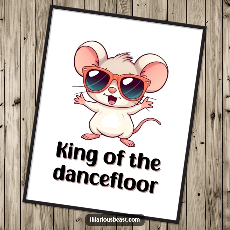 Funny poster of a tiny mouse in oversized sunglasses striking a dynamic disco pose, bringing retro dance energy to the room.