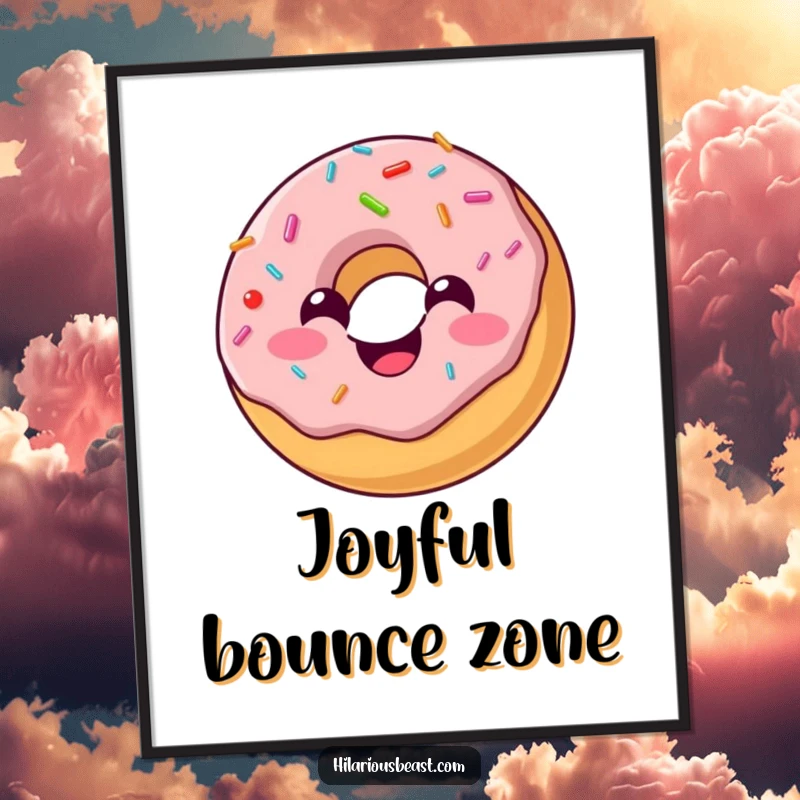 Funny poster featuring a cheerful, round donut with sprinkles bouncing with infectious joy, perfect for adding sweetness to decor.