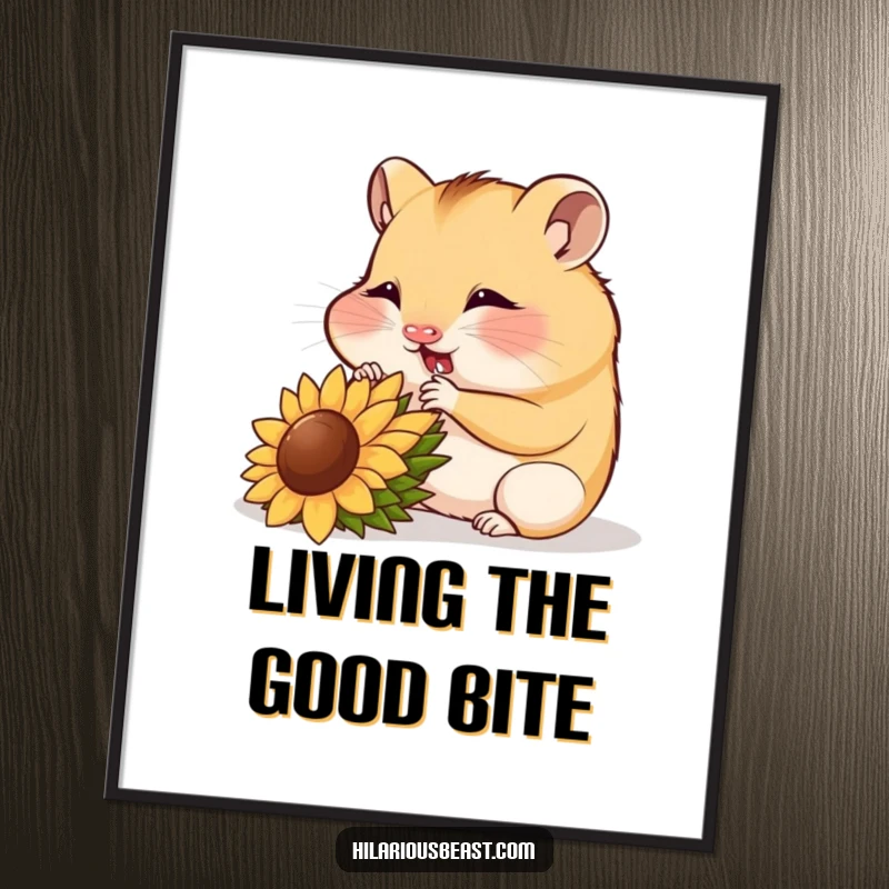 Funny hamster cub munching a sunflower seed, cute wall art poster, happy decor.