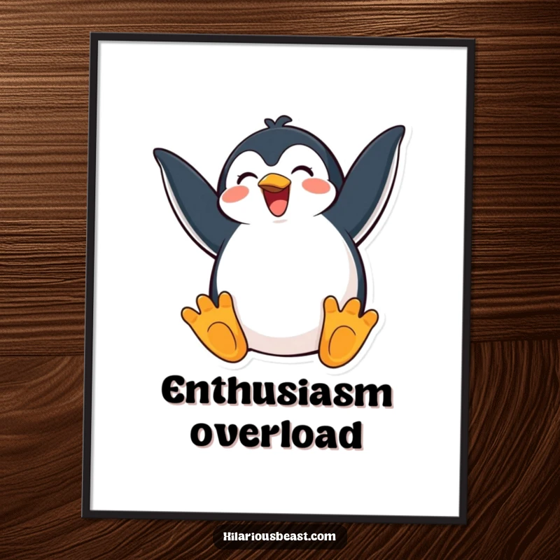 Funny poster showcasing a happy penguin flapping its wings with immense excitement, creating a joyful and energetic atmosphere.