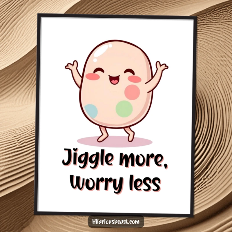 Funny poster capturing a plump, wobbly jelly bean character in a hilarious, energetic silly dance pose, perfect for wall decor.