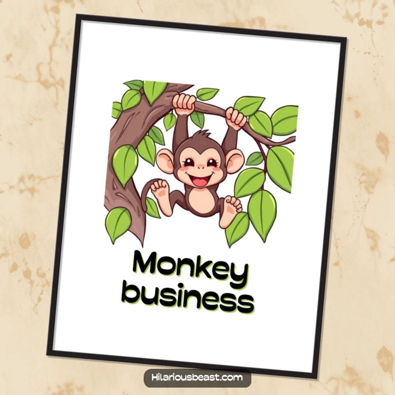 Funny Poster of a mischievous monkey swinging from a vine with a wide, happy grin, bringing jungle vibes.