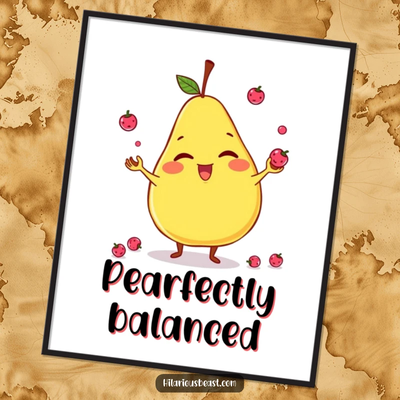 Funny poster featuring a giggling, slightly lopsided pear character juggling tiny berries, perfect for adding quirky, fruity humor to decor.