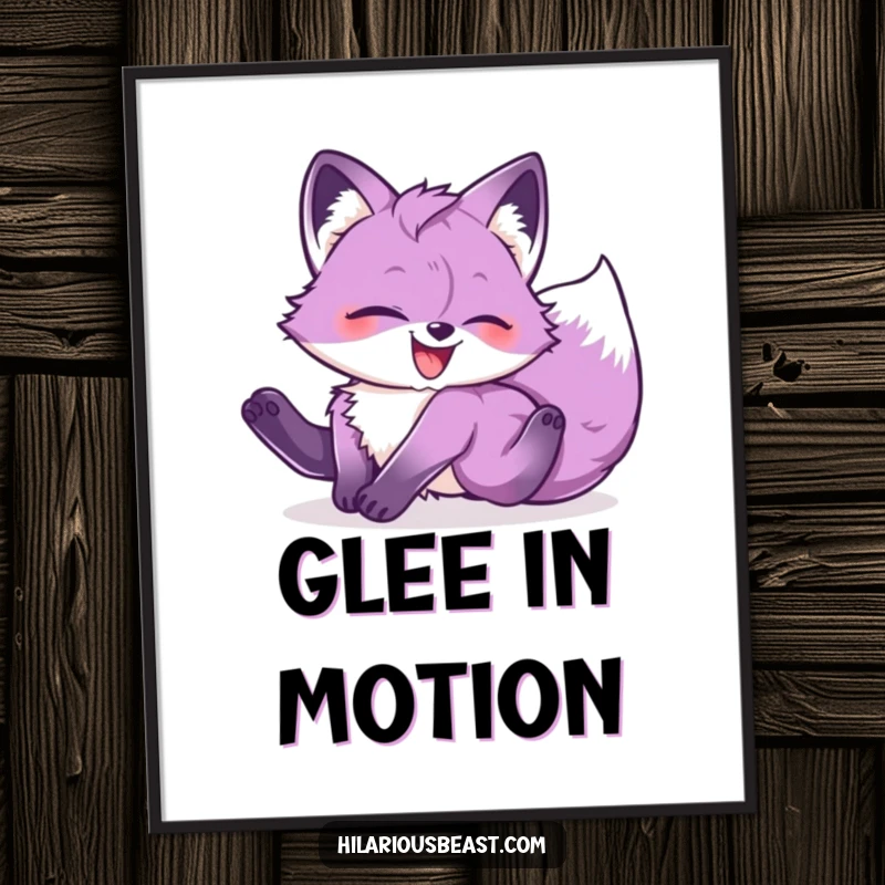 Funny purple fox cub in a joyful, head-over-heels tumble, radiating pure glee, presented as vibrant wall art.