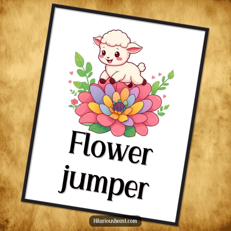Funny cheerful sheep cub leaping over a colorful flower, art poster, adding whimsical and energetic joy to any wall.