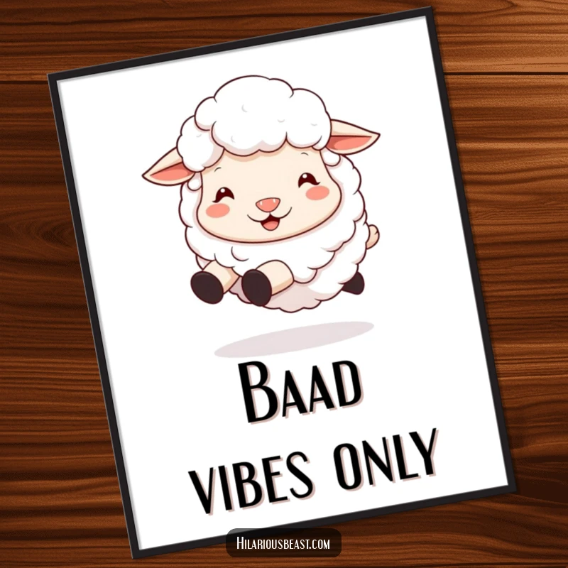 Funny sheep poster displaying a fluffy sheep with an exaggerated silly grin, captured mid-bounce with pure joy.