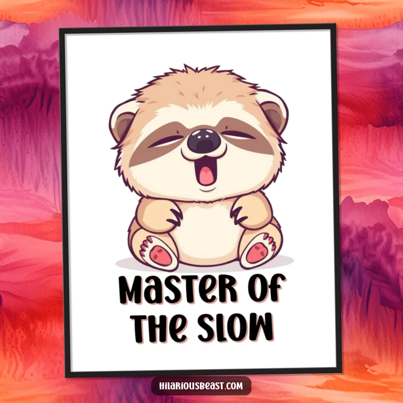 Funny sleepy sloth cub yawning, tiny yawn, relaxing wall art poster, calm decor.