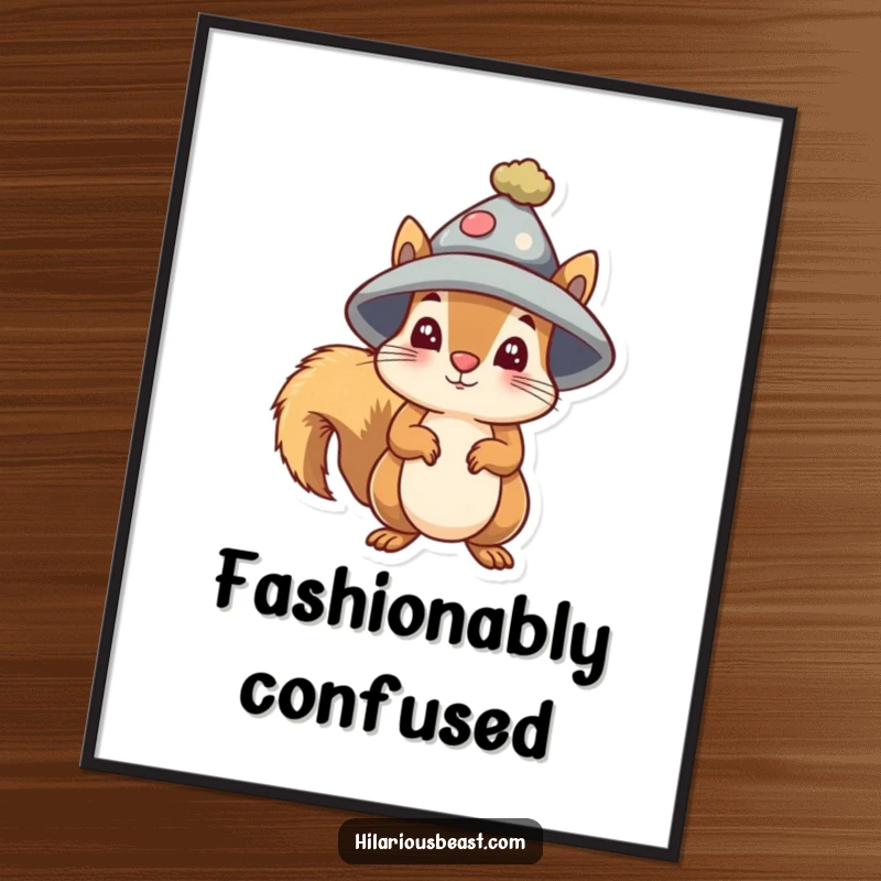 Funny small squirrel poster wearing a silly oversized hat, with a perfectly bewildered expression.