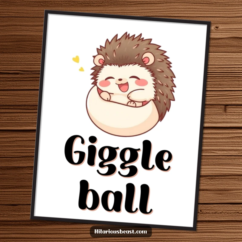Funny happy hedgehog poster showing a hedgehog rolling into a ball and giggling uncontrollably, vibrant and humorous wall art