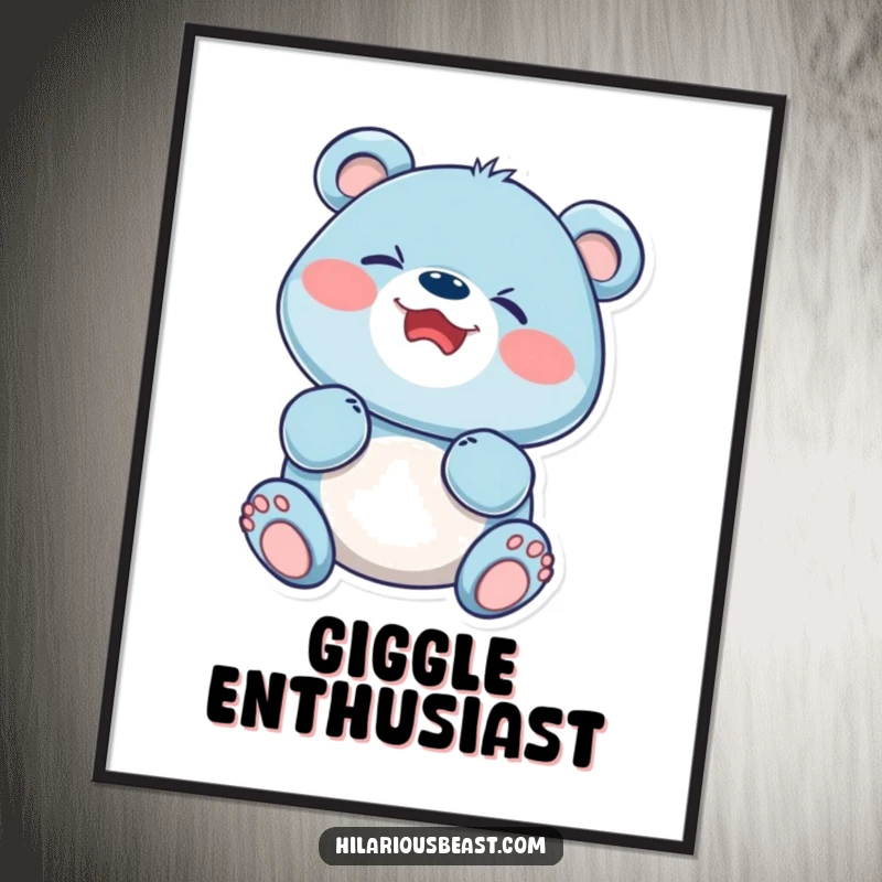 Funny blue bear cub captured in a moment of pure, scrunched-faced giggling delight, presented as vibrant wall art.