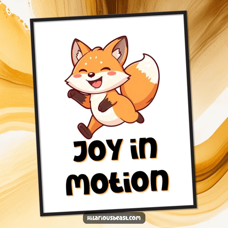 Funny kawaii fox poster illustration of a grinning fox leaping exuberantly mid-air, tail wagging, adding a splash of animated energy.
