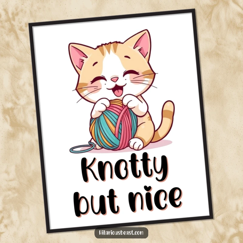 Vibrant poster of a funny cat gleefully playing with colorful yarn, perfect for humorous wall art and a funny gift.
