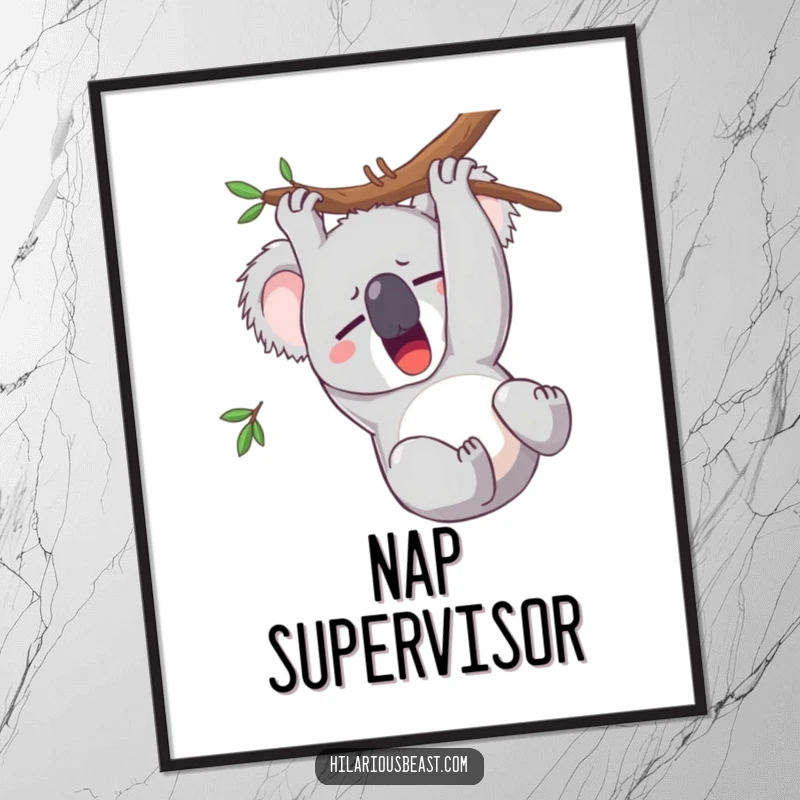 Funny koala poster depicting a sleepy character yawning widely while hanging upside down, adding humorous decor.