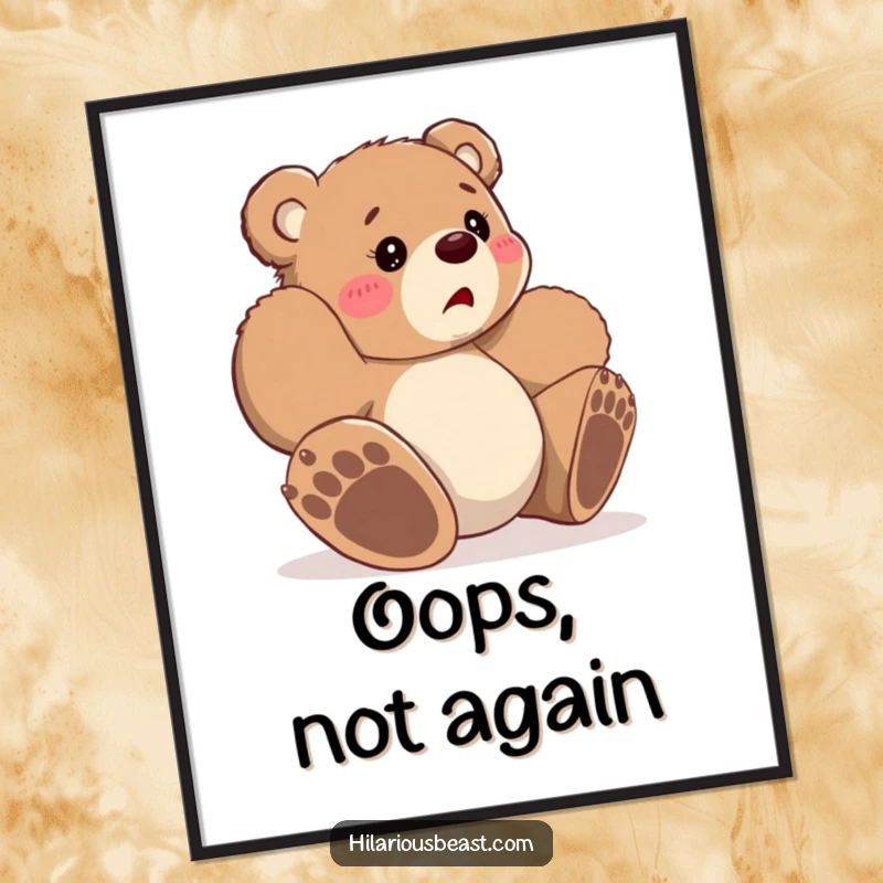 Funny small bear cub tripping over its paws, looking bewildered, art poster, adding whimsical and relatable humor to any wall.