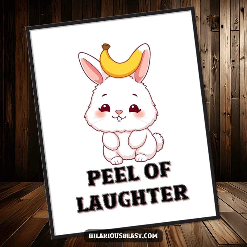 Funny bunny poster, a fluffy bunny wiggling its nose, with a tiny banana peel perched comically on its head, capturing pure silliness.