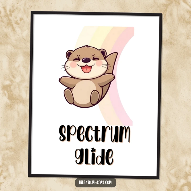 Funny Otter Poster: Vibrant print of a grinning otter sliding down a bright rainbow with glee.