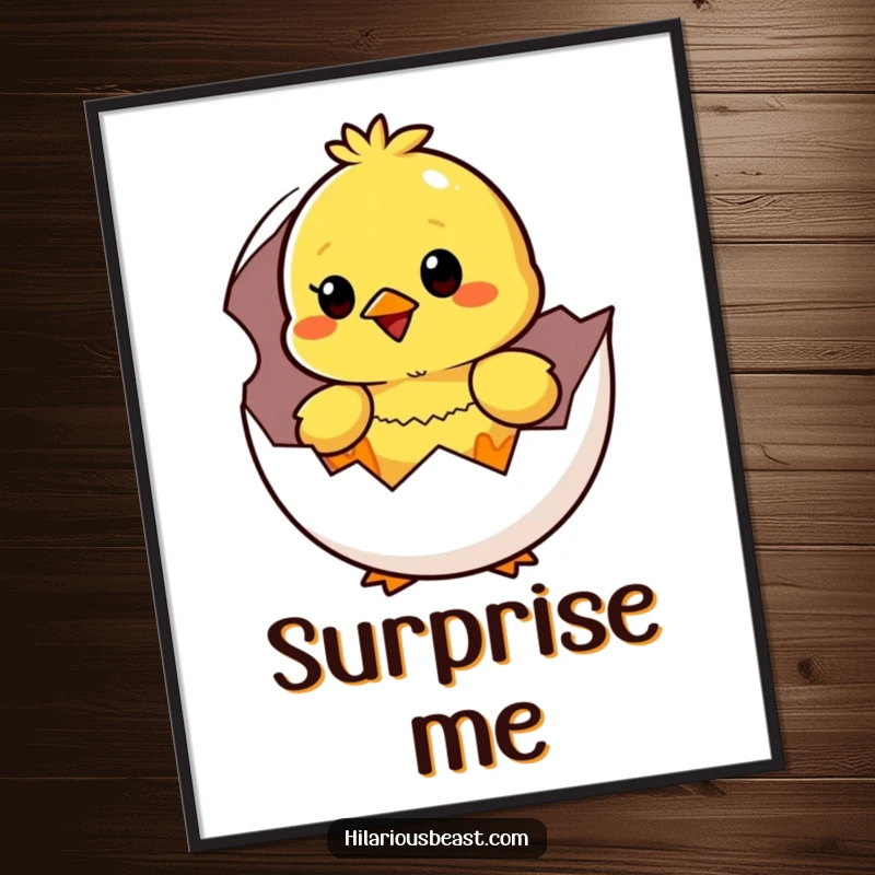 Funny yellow chick hatching, eyes wide with surprise and a happy smile, presented as cheerful wall art.