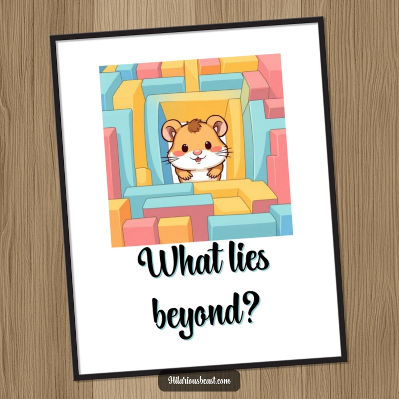Funny hamster poster depicting a curious hamster peeking from a colorful maze, adding a touch of whimsy.