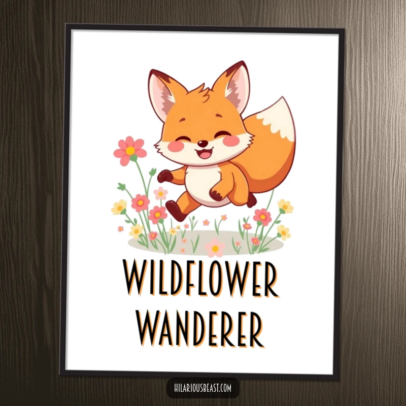 Funny smiling fox poster, a character leaping joyfully through a field of flowers, depicted in a vibrant and charming style for delightful wall decor.