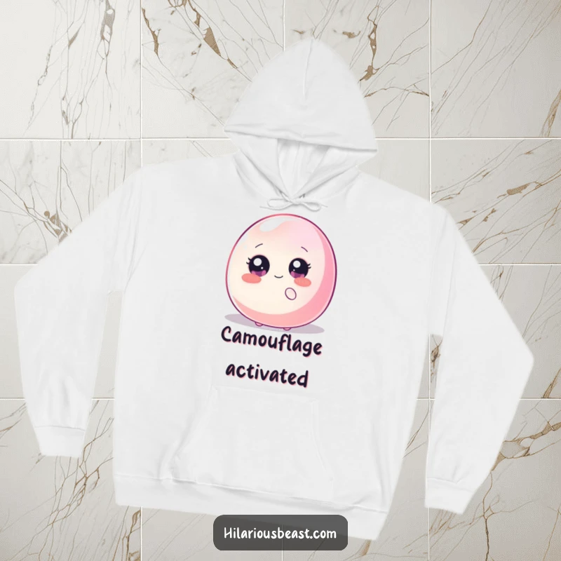 Funny hoodie featuring a shy blob with sparkly eyes peeking from behind a large, wiggling jellybean, offering warmth and humorous charm.