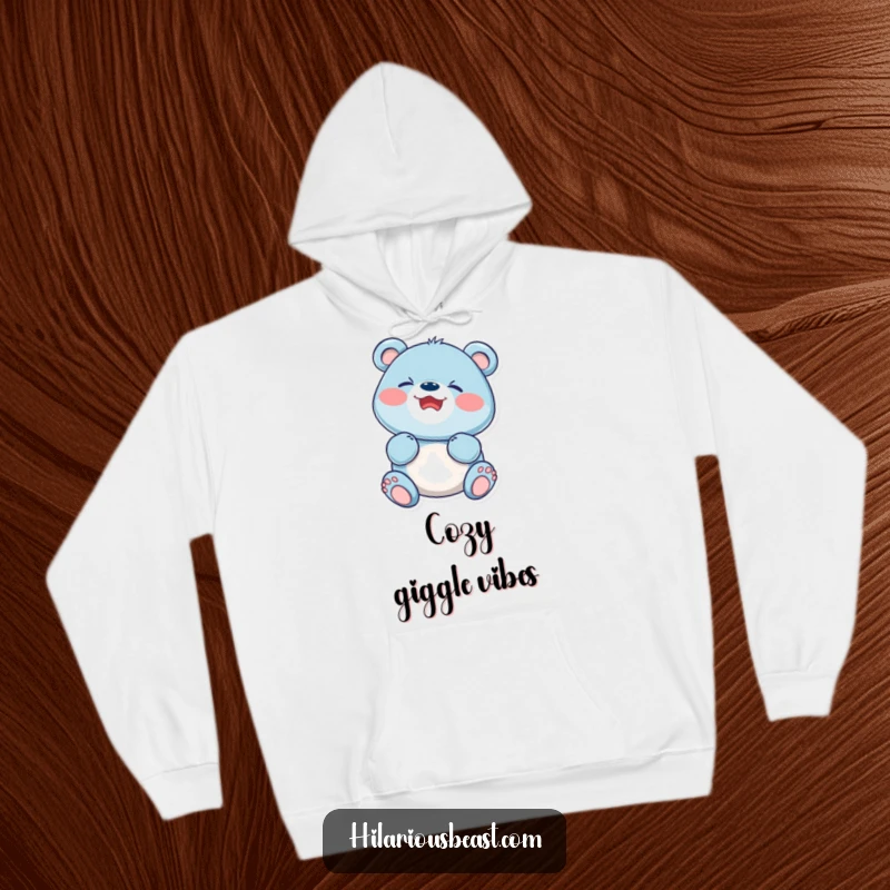 Funny blue bear cub, scrunched face, mid-giggle, radiating happiness, printed on a comfortable hoodie.