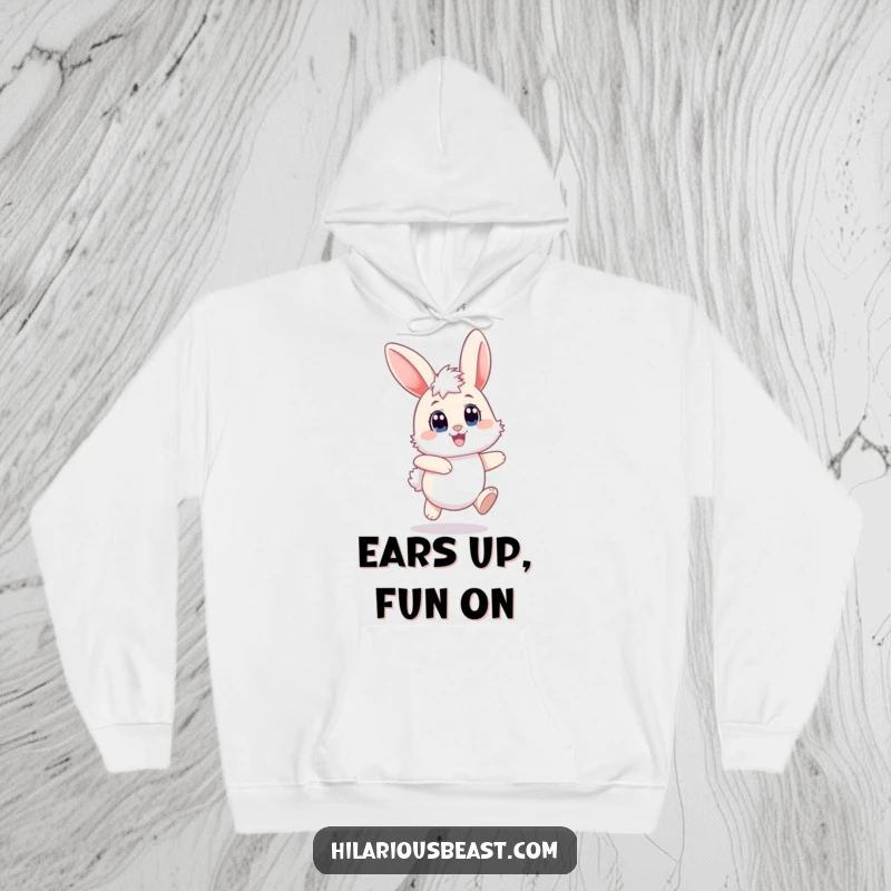 Funny bunny hoodie featuring a fluffy rabbit with big joyful eyes and floppy ears, captured in a happy hopping motion.