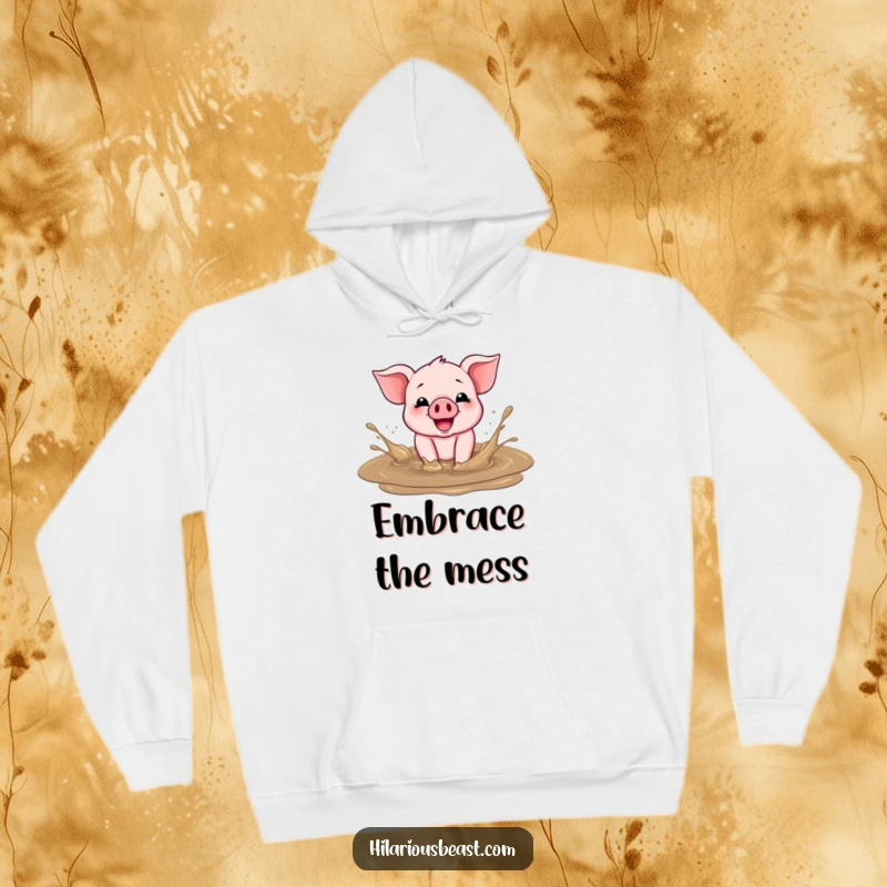 Funny Hoodie depicting a cheerful piglet gleefully splashing in a mud puddle, radiating pure happiness.