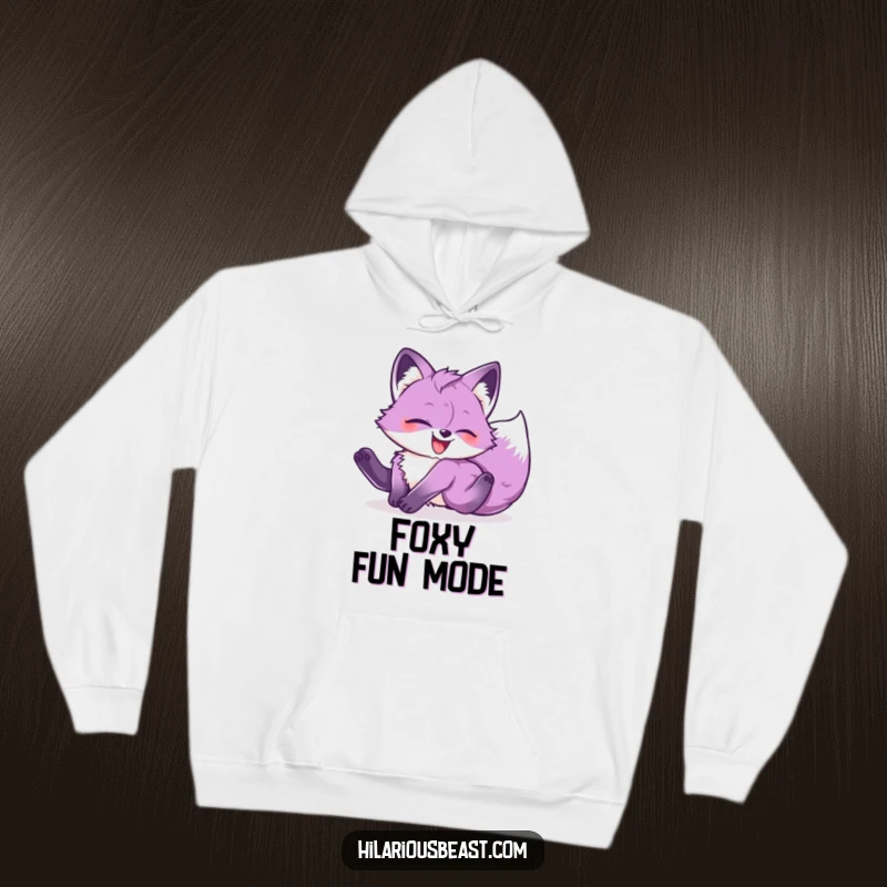 Funny purple fox cub in a head-over-heels tumble, full of glee, featured on a comfortable and hilarious hoodie.